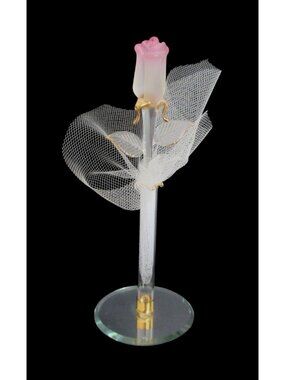 Vintage Glass Baron Pink Rose With Gold Accents & Sheer Mesh Bow 5" tall